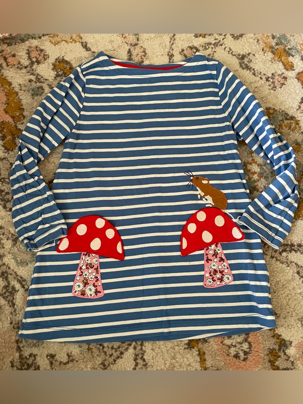 Mini Boden Blue & White Striped Long-Sleeve Tunic with Mouse Mushroom Appliqués
